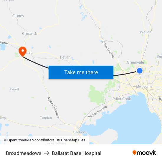 Broadmeadows to Ballatat Base Hospital map