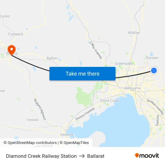 Diamond Creek Railway Station to Ballarat map