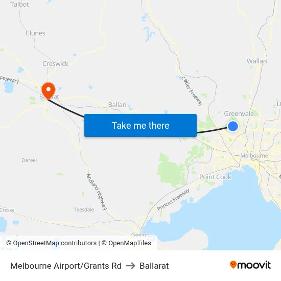 Melbourne Airport/Grants Rd to Ballarat map