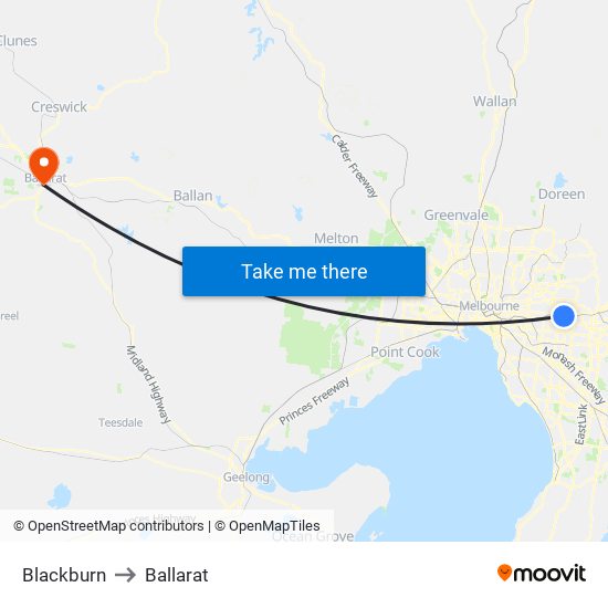 Blackburn to Ballarat map