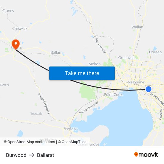 Burwood to Ballarat map