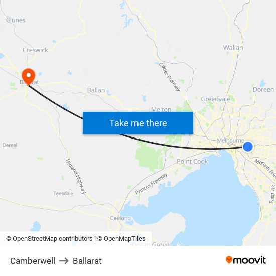 Camberwell to Ballarat map