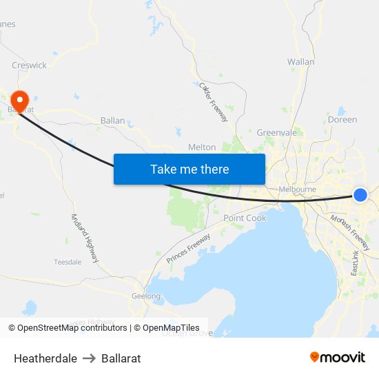 Heatherdale to Ballarat map