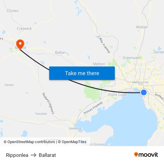 Ripponlea to Ballarat map