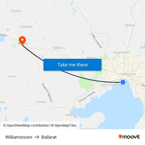 Williamstown to Ballarat map