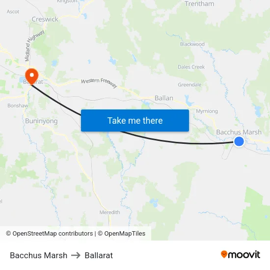 Bacchus Marsh to Ballarat map