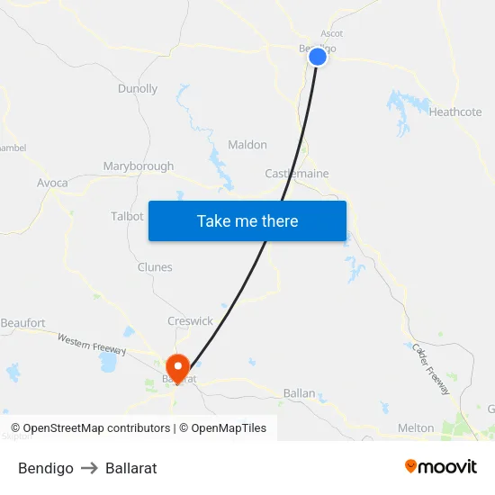 Bendigo to Ballarat map