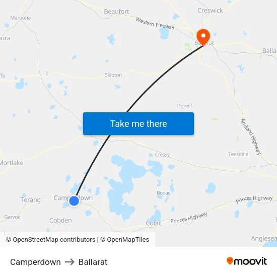 Camperdown to Ballarat map