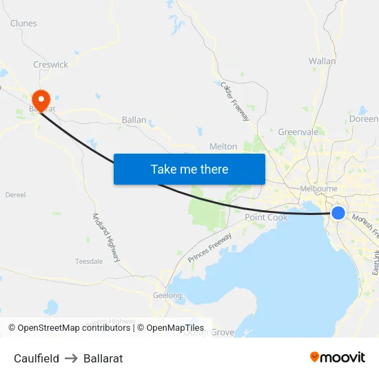 Caulfield to Ballarat map