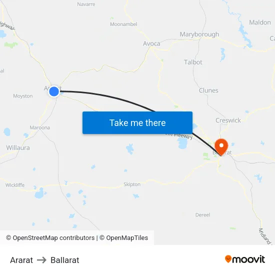 Ararat to Ballarat map