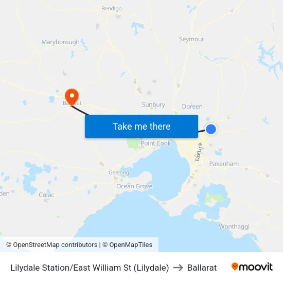 Lilydale Station/East William St to Ballarat map