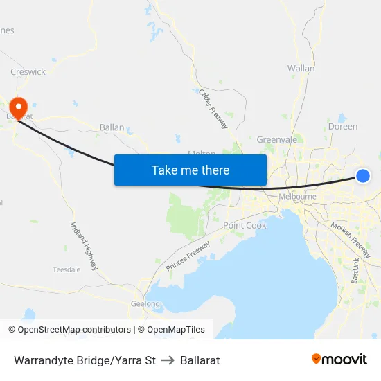 Warrandyte Bridge/Yarra St to Ballarat map
