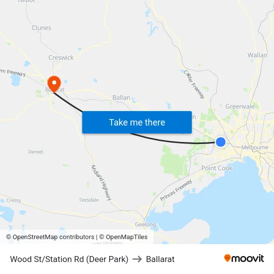 Wood St/Station Rd to Ballarat map
