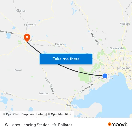 Williams Landing Station to Ballarat map