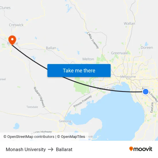 Monash University to Ballarat map