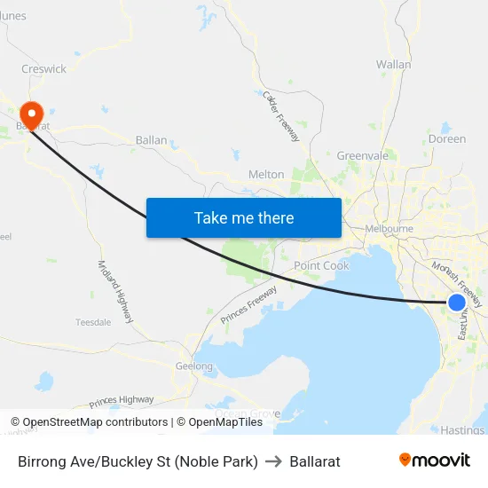 Birrong Ave/Buckley St to Ballarat map