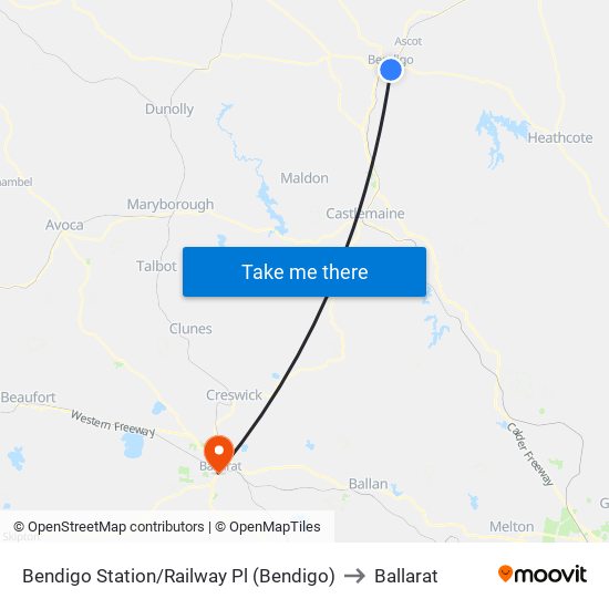 Bendigo Station/Railway Pl (Bendigo) to Ballarat map