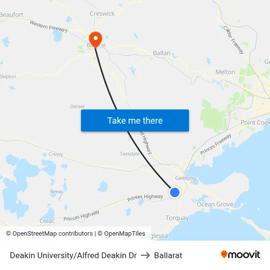 Deakin University/Alfred Deakin Dr to Ballarat map