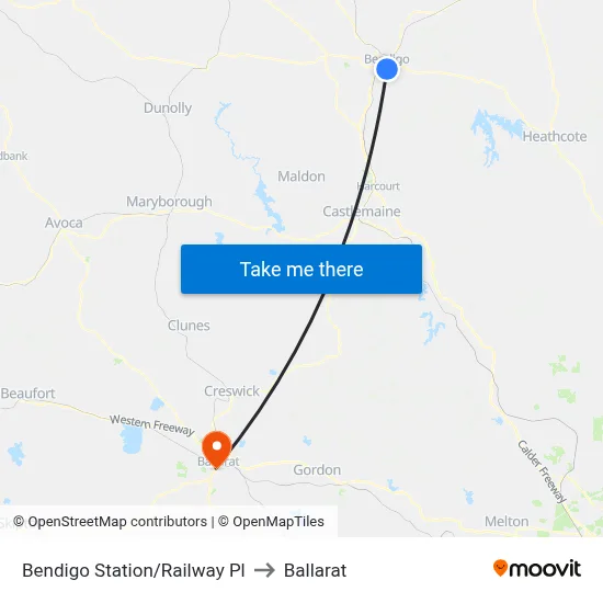 Bendigo Station/Railway Pl to Ballarat map