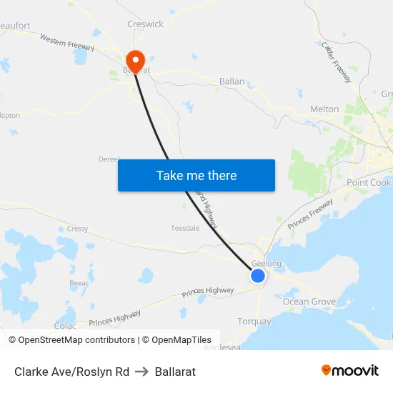 Clarke Ave/Roslyn Rd to Ballarat map