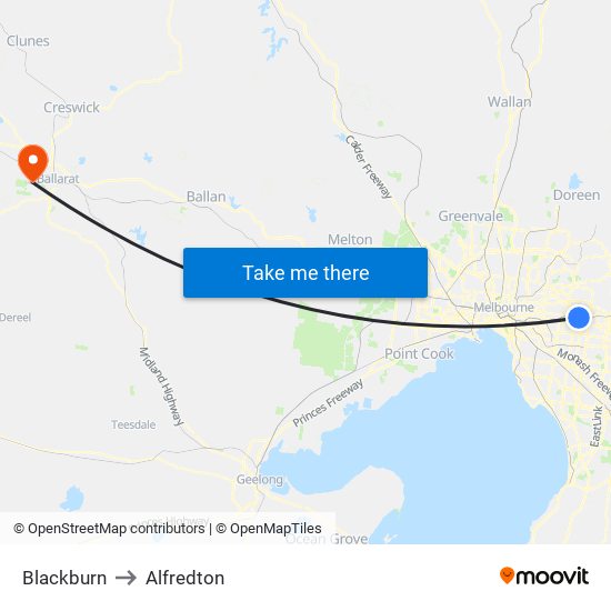 Blackburn to Alfredton map