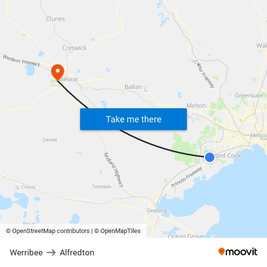 Werribee to Alfredton map