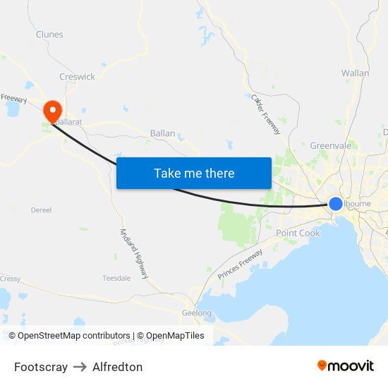 Footscray to Alfredton map