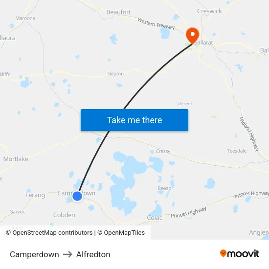 Camperdown to Alfredton map