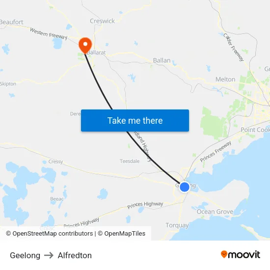 Geelong to Alfredton map