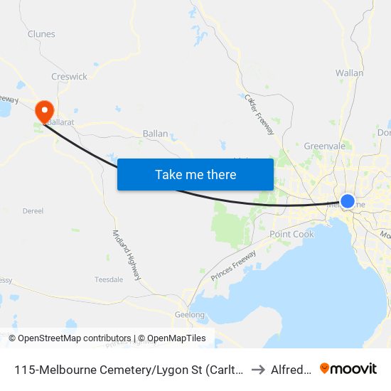 115-Melbourne Cemetery/Lygon St (Carlton North) to Alfredton map