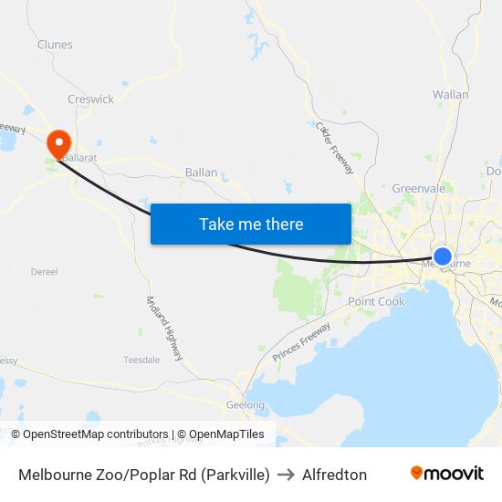 Melbourne Zoo/Poplar Rd (Parkville) to Alfredton map