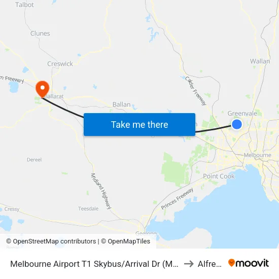 Melbourne Airport T1 Skybus/Arrival Dr to Alfredton map