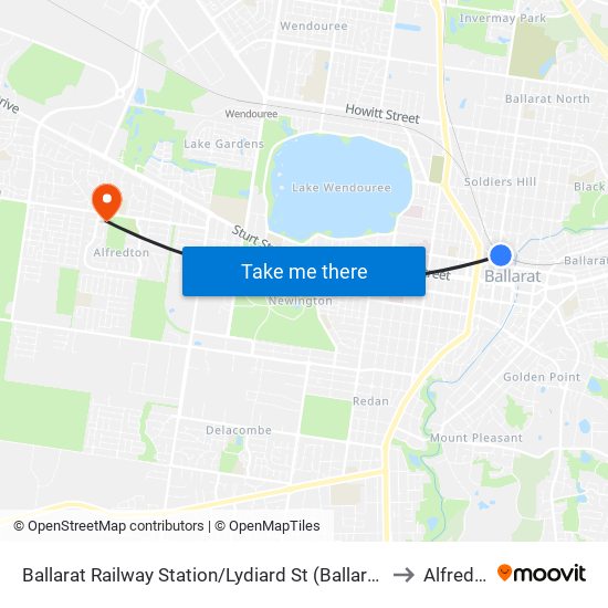 Ballarat Railway Station/Lydiard St (Ballarat Central) to Alfredton map
