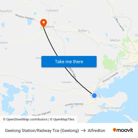 Geelong Station/Railway Tce to Alfredton map