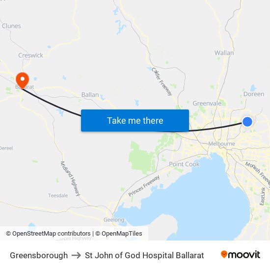 Greensborough to St John of God Hospital Ballarat map