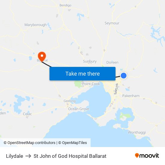 Lilydale to St John of God Hospital Ballarat map