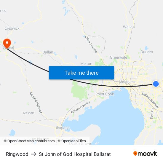 Ringwood to St John of God Hospital Ballarat map