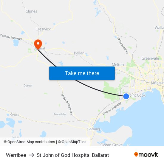 Werribee to St John of God Hospital Ballarat map