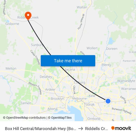 Box Hill Central/Maroondah Hwy (Box Hill) to Riddells Creek map
