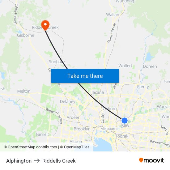 Alphington to Riddells Creek map