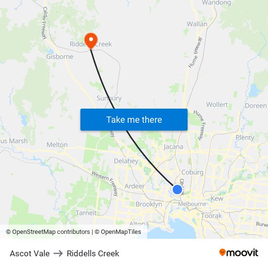 Ascot Vale to Riddells Creek map