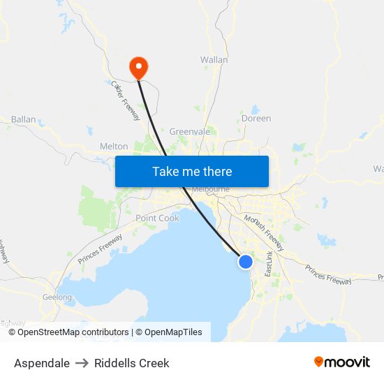 Aspendale to Riddells Creek map