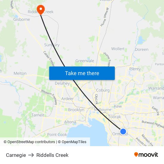 Carnegie to Riddells Creek map