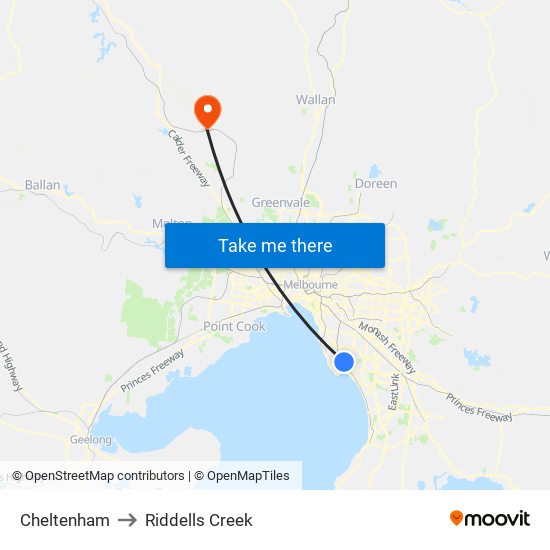 Cheltenham to Riddells Creek map