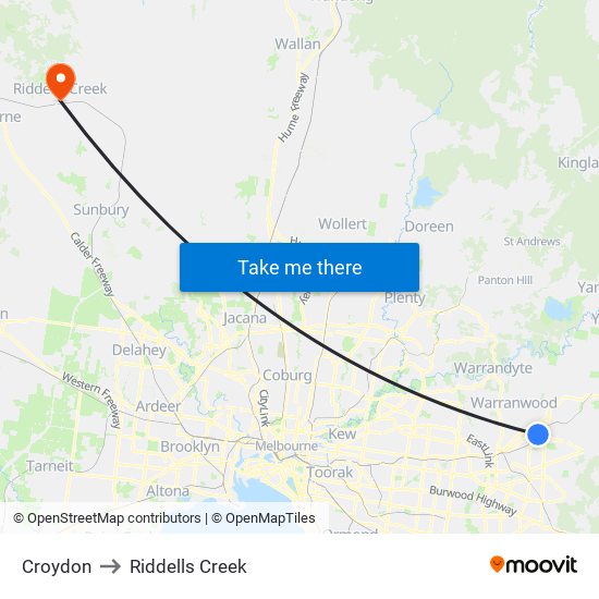 Croydon to Riddells Creek map