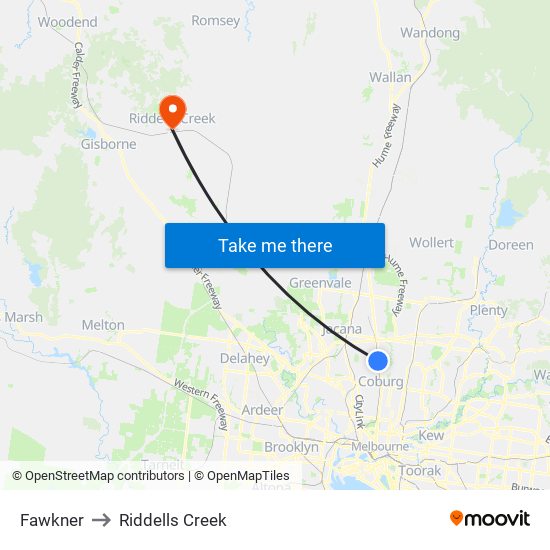 Fawkner to Riddells Creek map