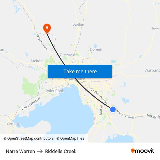 Narre Warren to Riddells Creek map