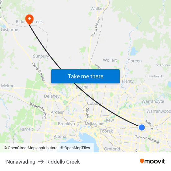 Nunawading to Riddells Creek map