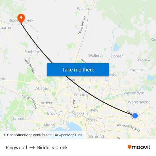 Ringwood to Riddells Creek map