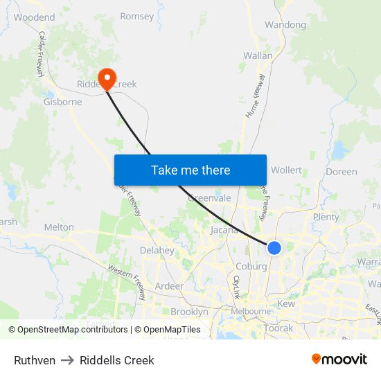 Ruthven to Riddells Creek map